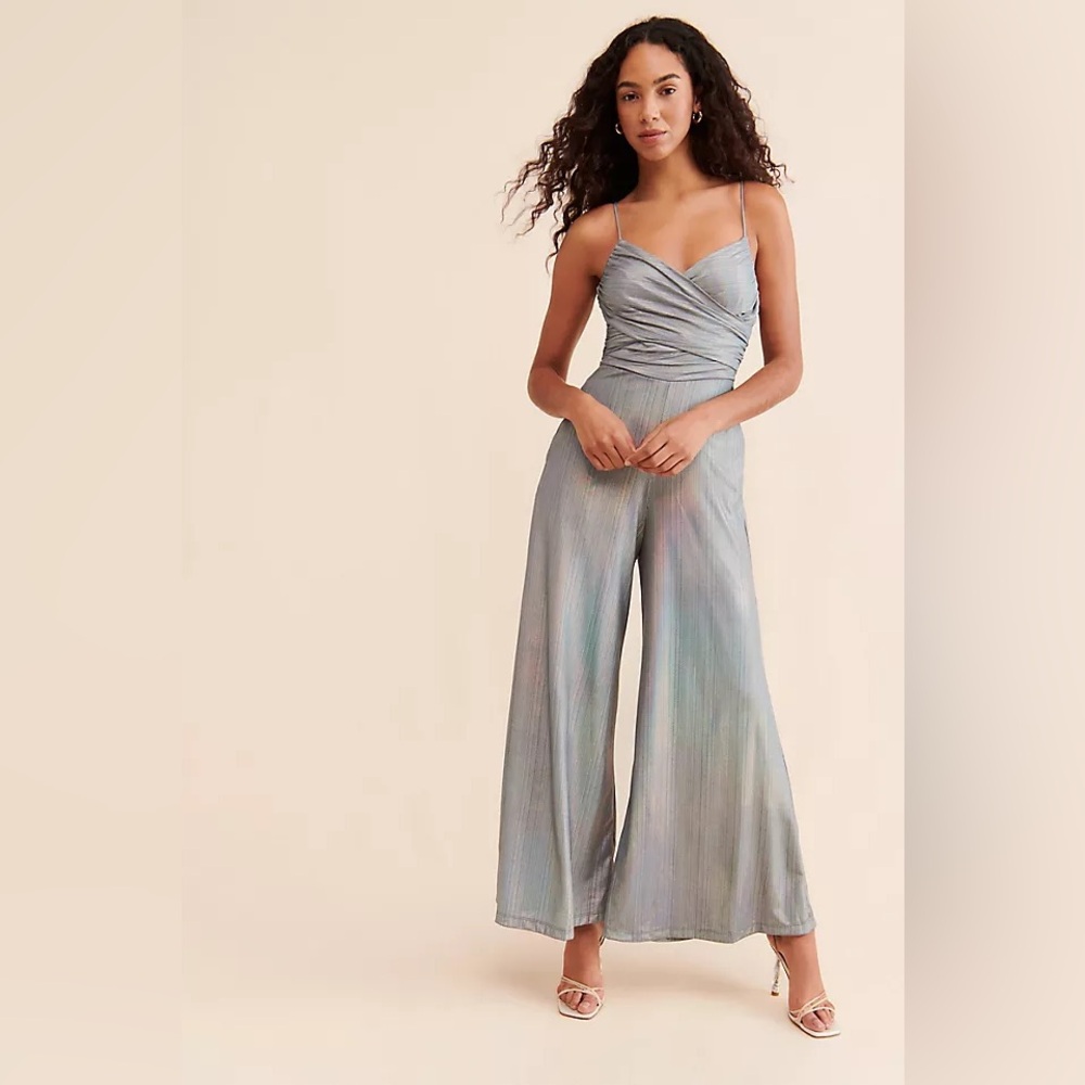 Anthropologie Iridescent Light Blue Wrap Bodice Wide-Leg Jumpsuit